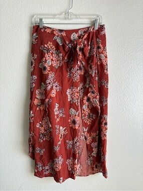 Free People Rust Floral Tie-Front Midi Skirt burnt orange color